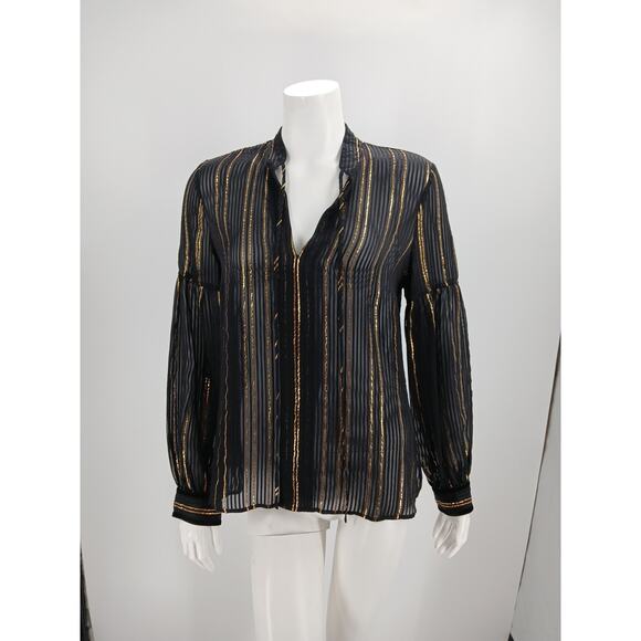 Derek Lam 10 Crosby Top Womens Size 8 Black Gold Metallic Stripes Sheer Silk - Picture 11 of 14